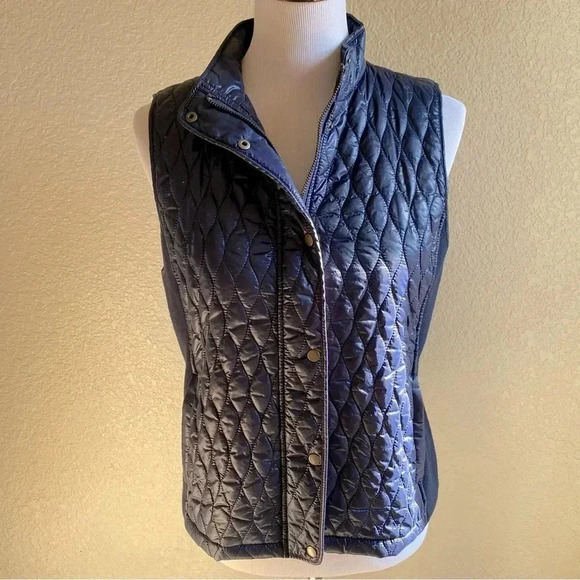 Talbots Petites Dark Blue Quilted Vest Jacket Sleeveless Sheen: Medium Petite - Picture 1 of 9
